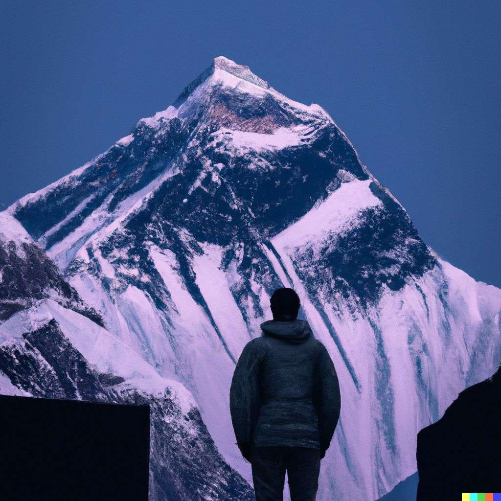 someone gazing at Mount Everest in a futurescape